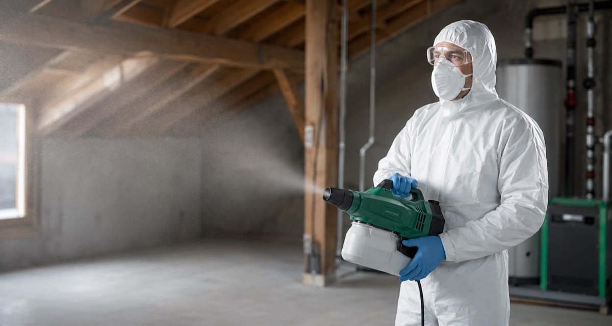 Fachkraft bei professioneller Hantavirus-Dekontamination